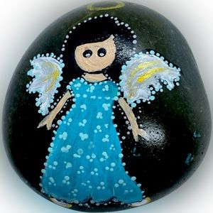 Hand crafted painted winged Angel rock white wings gold halo dotted blue dress